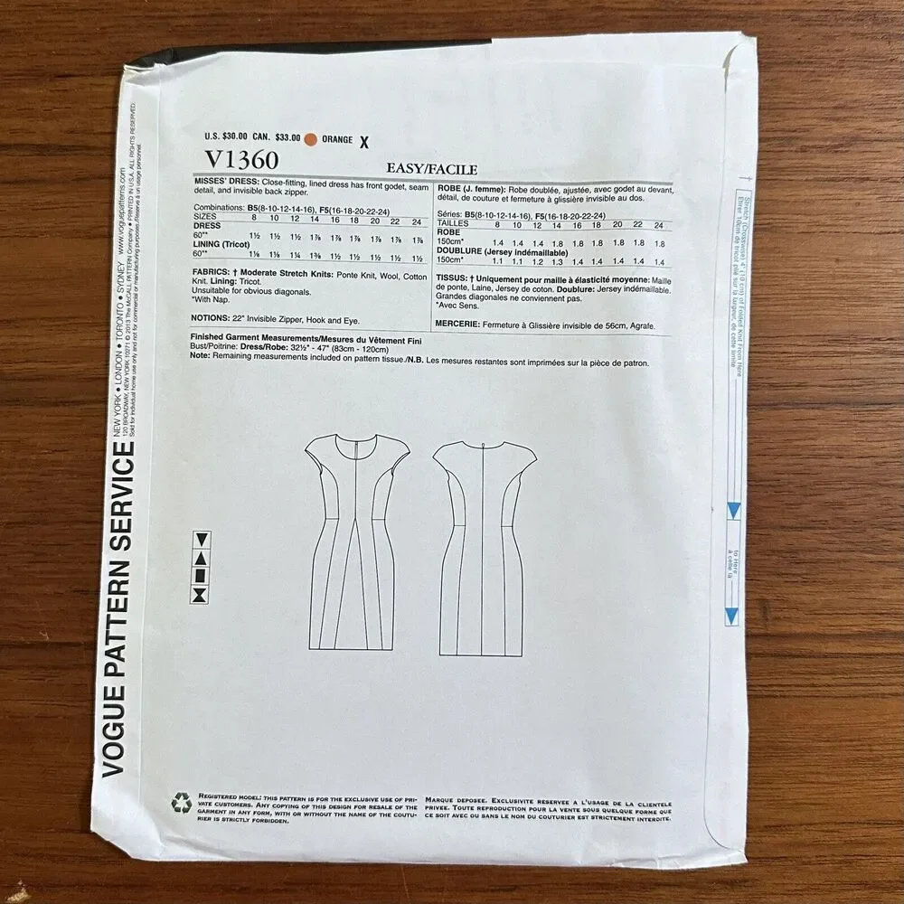 NEW Vogue 1360 Dress Designer Close Fitting Sz 16 24 Sewing Pattern Kay Unger